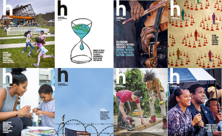 Covers of three issues of h magazine, fanned-out.